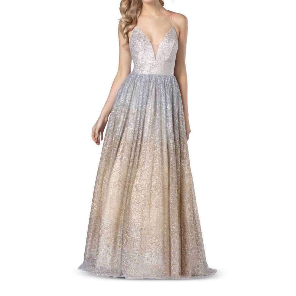 NEW BLUSH PROM sequin deep v-neck gown in silver/gold